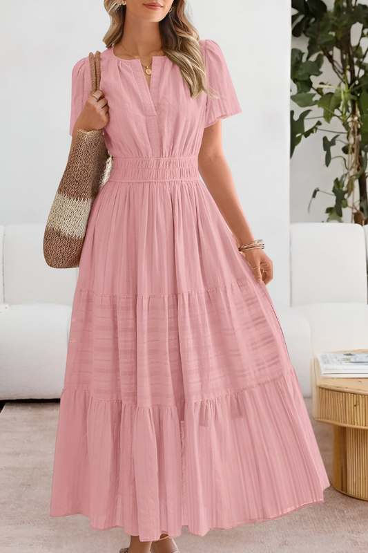 Evangelia | Boho Smocked V Neck Tiered Summer Midi Dress