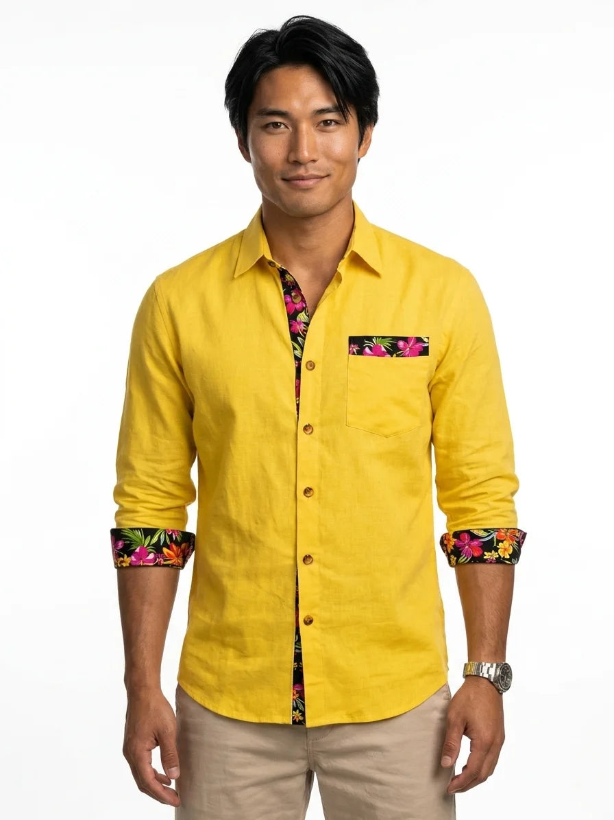 Momount Men Linen Shirt – Long Sleeve Floral Contrast Trim Hawaiian Casual - Yellow - front