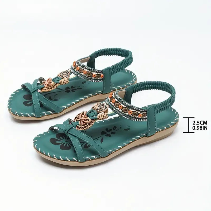 Momount Women Slingback Sandals – Teal Boho Beaded Rhinestone Flat
