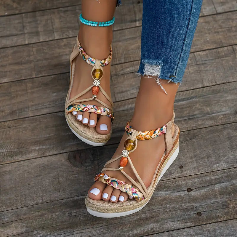 Momount Women Espadrille Wedge Sandals – Boho Braided Beaded Rhinestone
