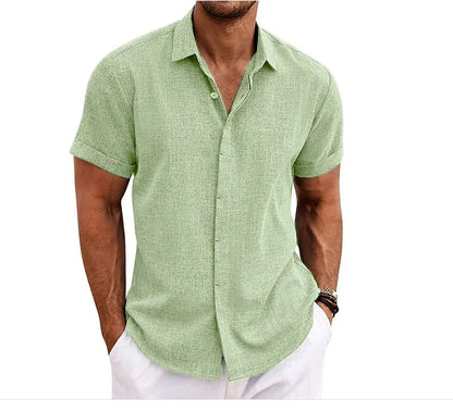 Momount Men Cotton Linen Shirt – Short Sleeve Button Up Casual