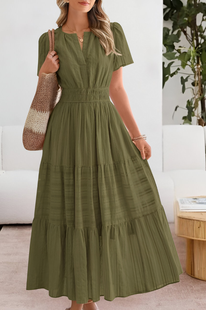 Evangelia | Boho Smocked V Neck Tiered Summer Midi Dress
