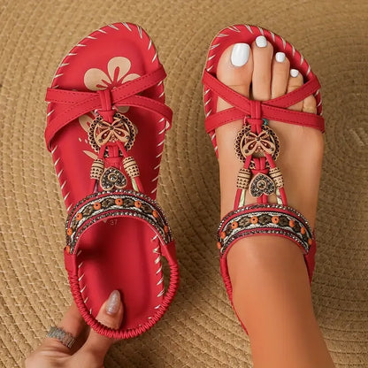 Momount Women Slingback Sandals – Teal Boho Beaded Rhinestone Flat