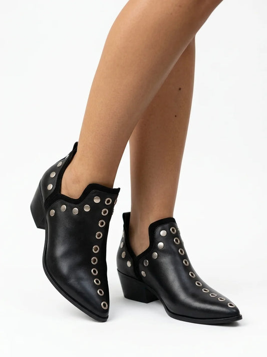 Women's Studded Ankle Boots – Pointed Toe Wide Block Heel - Black - onfoot