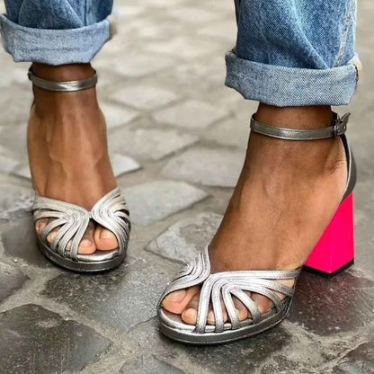 Momount Women Block Heel Sandals – Pewter Caged Ankle Strap Open-Toe
