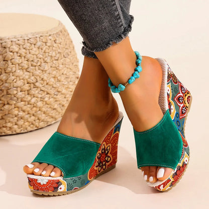 Momount Women Wedge Sandals – Suede Floral Print Platform Slide Boho