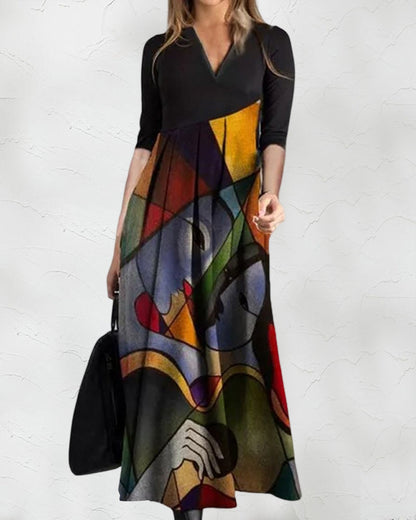 Cassellia | Abstract Print V-Neck A-Line Maxi Dress | Summer Momount