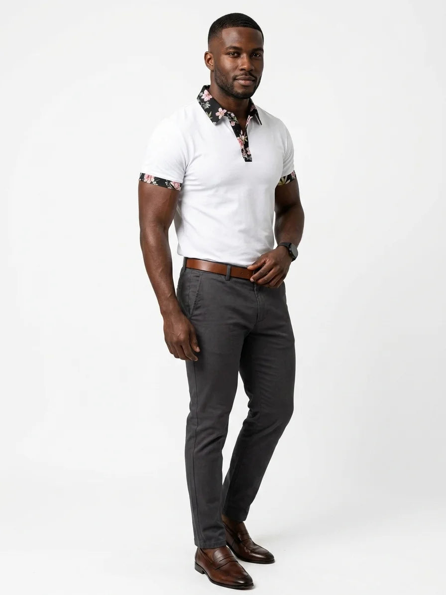 Momount Men Polo Shirt – Floral Contrast Collar Cuffs Short Sleeve - White - 3/4