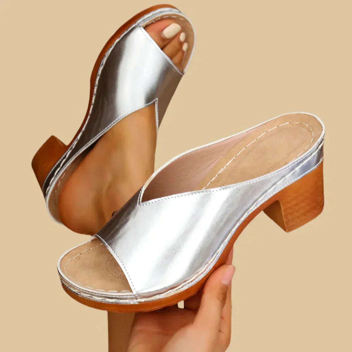 Miralena | Silver Metallic Platform Block Heel Slide Sandals