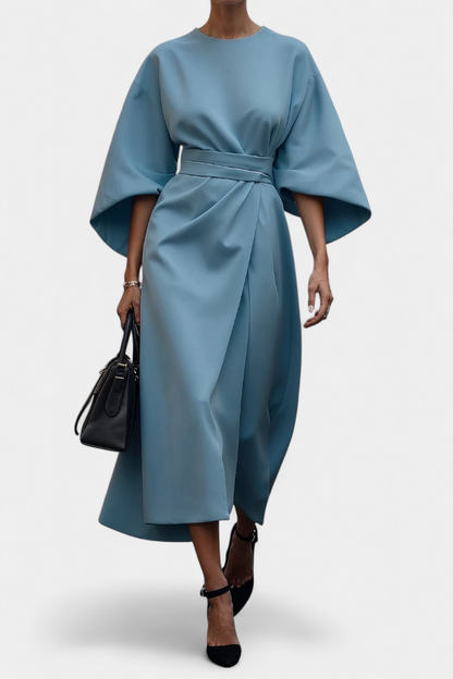 Momount Women’s Work Midi Dress – Belted Loose Fit Wide Sleeve Elegant Office Dress