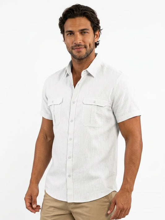 Momount Men Linen Shirt – Short Sleeve Double Chest Pocket Utility Casual - White - 3/4