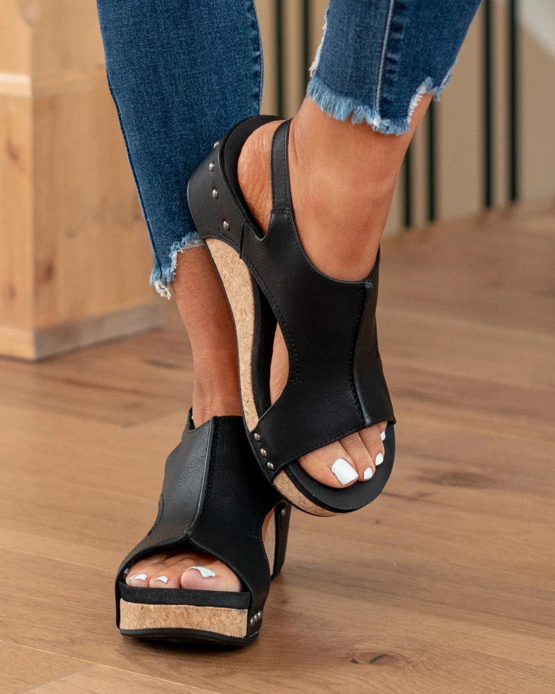 Momount Women Wedge Sandals – Distressed Leather Cork Platform Slingback