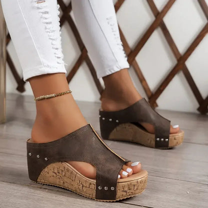 Momount Women Platform Wedge Sandals – Black Cork Peep-Toe Mule Studded
