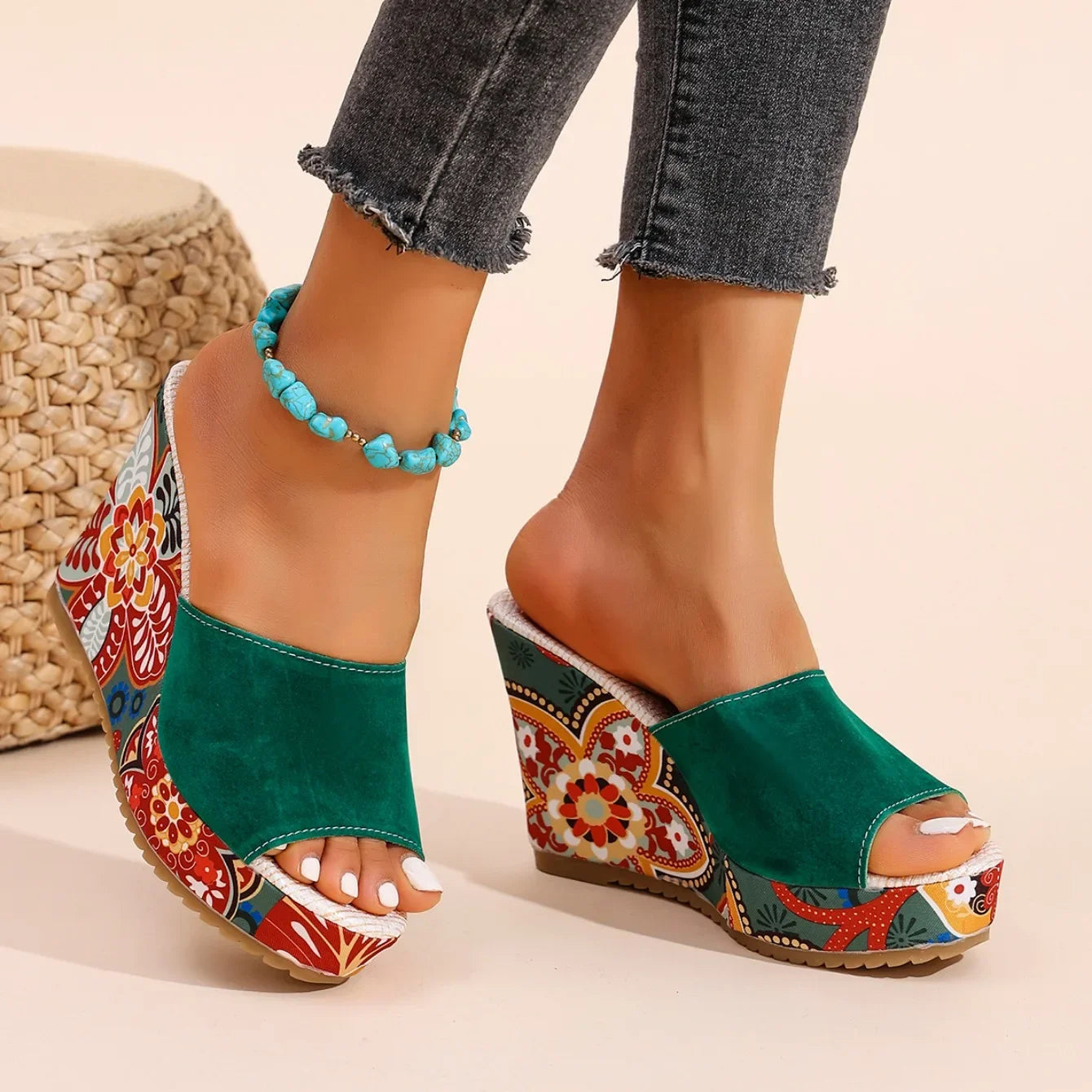 Momount Women Wedge Sandals – Suede Floral Print Platform Slide Boho