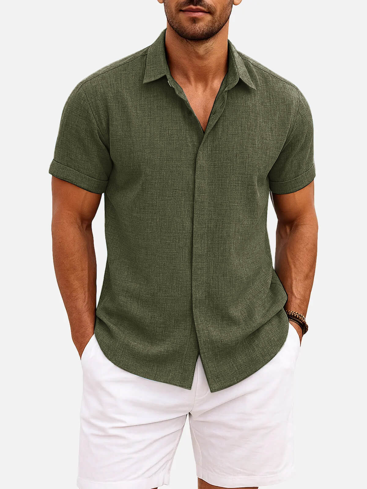 Momount Men Linen Shirt – Short Sleeve Turn Down Collar Cotton Blend Casual