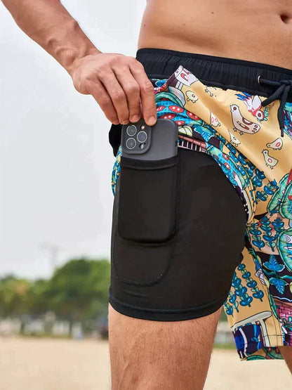 Momount Men Swim Shorts – Palm Print Drawstring Mesh Liner Quick Dry