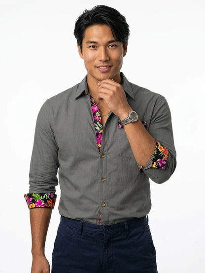 Momount Men Linen Shirt – Long Sleeve Floral Contrast Trim Hawaiian Casual - Gray - front