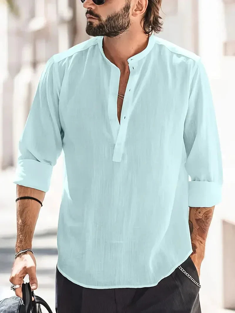 Momount Men Linen Henley Shirt – Long Sleeve Stand Collar Summer