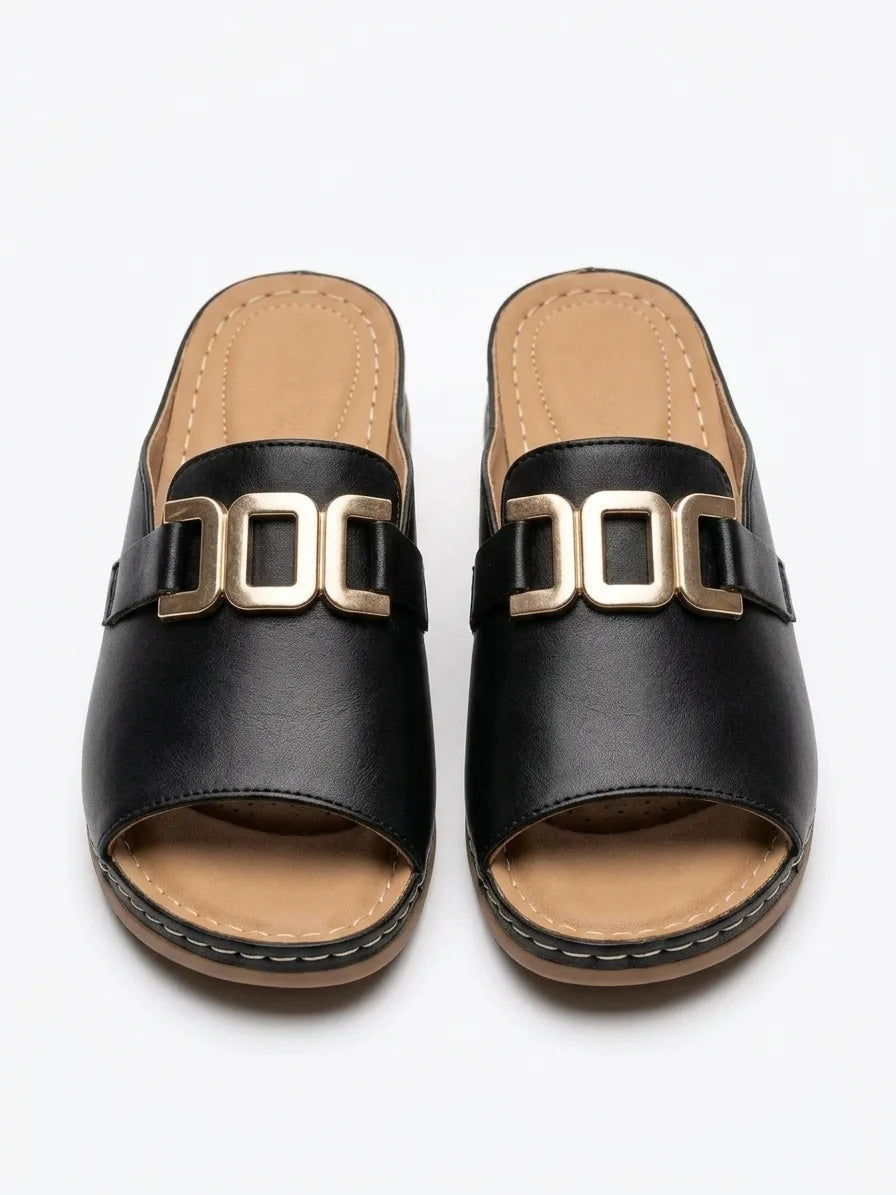 Bellarisa | Gold Chain Buckle Flat Slide Sandals - Black - front