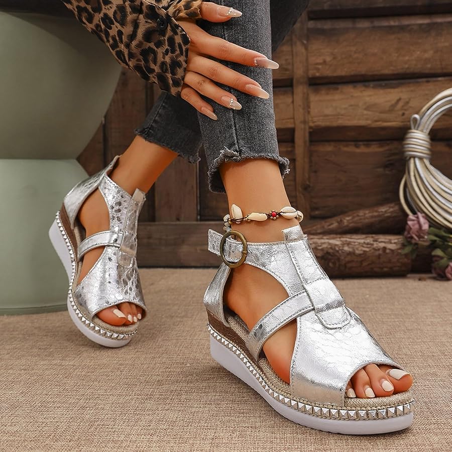 Momount Women Platform Wedge Sandals – Silver Studded Ankle Strap