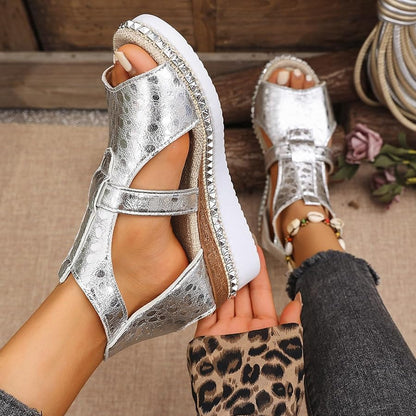Momount Women Platform Wedge Sandals – Silver Studded Ankle Strap