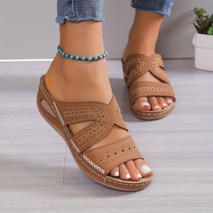 Momount | Seraphina Women's Leather Sandals | Perforated Wedge Platform | Comfortable Open Toe Summer Casual Slides