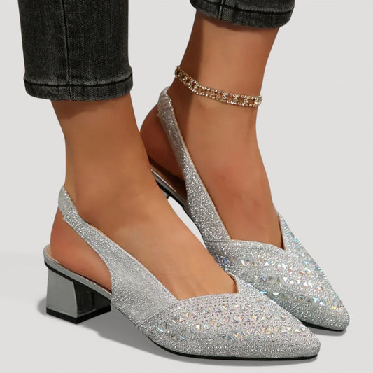 Momount Women Slingback Pumps – Rhinestone Pointed Toe Low Block Heel V-Cut