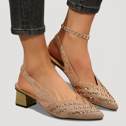 Momount Women Slingback Pumps – Rhinestone Pointed Toe Low Block Heel V-Cut