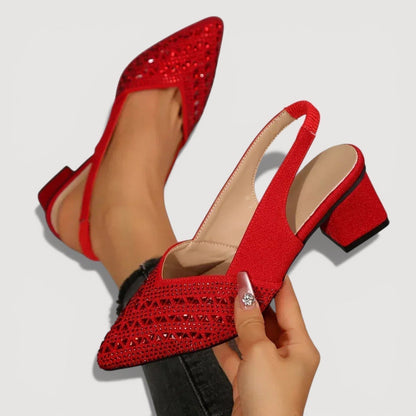 Momount Women Slingback Pumps – Rhinestone Pointed Toe Low Block Heel V-Cut