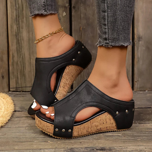 Momount Women Cork Wedge Mules – Leather Studded Peep-Toe Cutout Slip-On