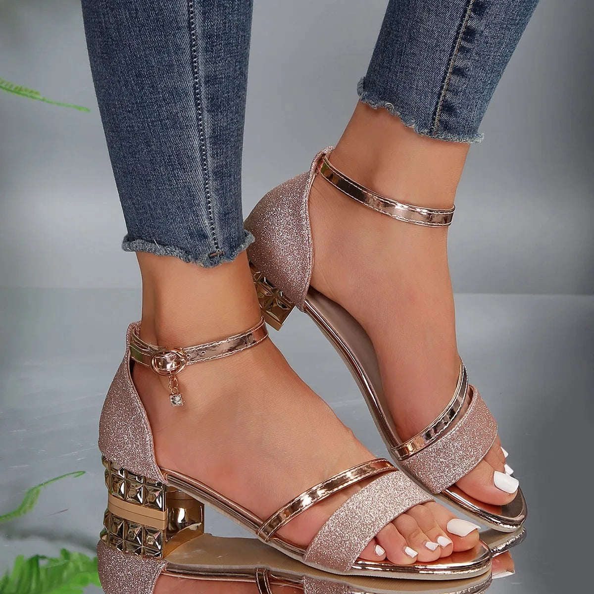 Momount Women Strappy Sandals – Glitter Block Heel Embellished Open Toe Ankle
