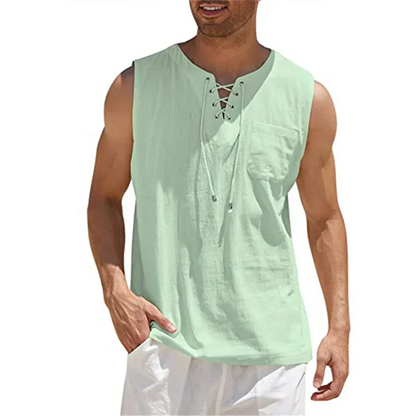 Momount Men Linen Tank Top – Lace Up V Neck Sleeveless Beach Casual