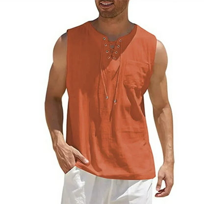 Momount Men Linen Tank Top – Lace Up V Neck Sleeveless Beach Casual