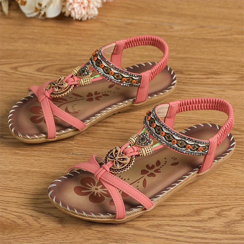 Momount Women Slingback Sandals – Teal Boho Beaded Rhinestone Flat