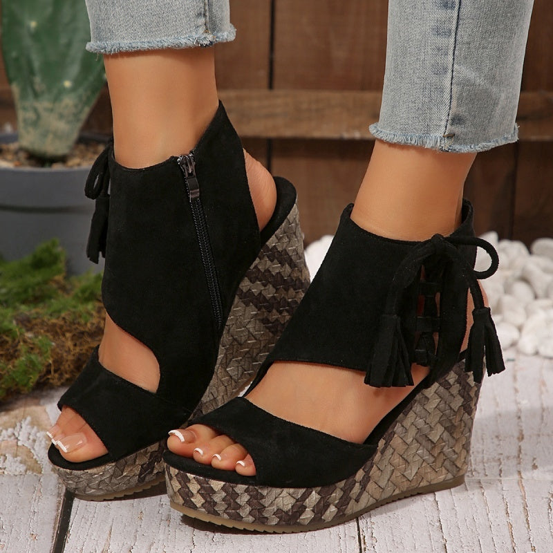 Momount Women Wedge Sandals – Woven Suede Bow High Platform Boho