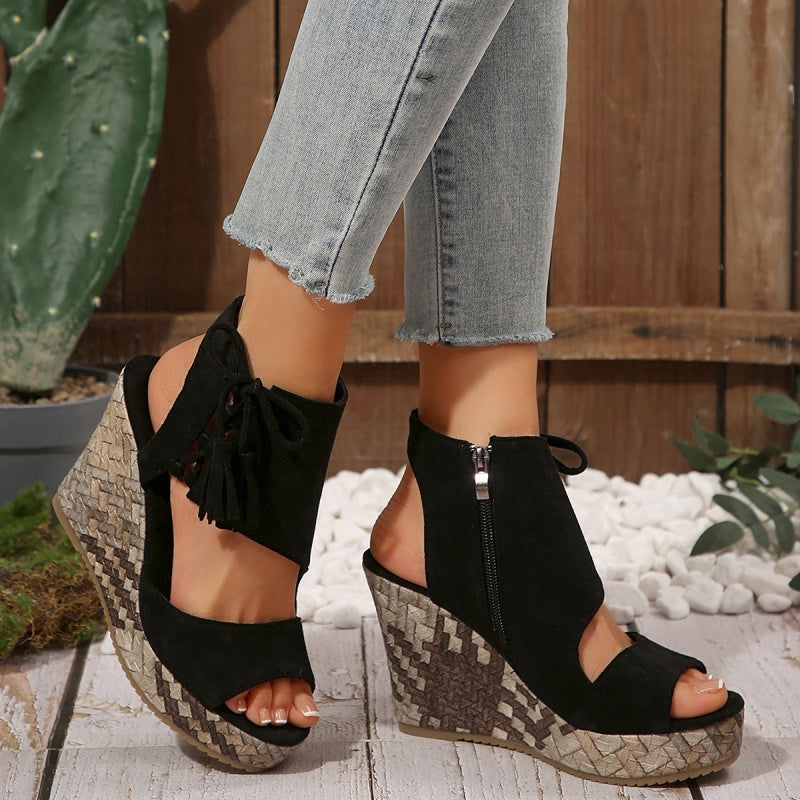 Momount Women Wedge Sandals – Woven Suede Bow High Platform Boho