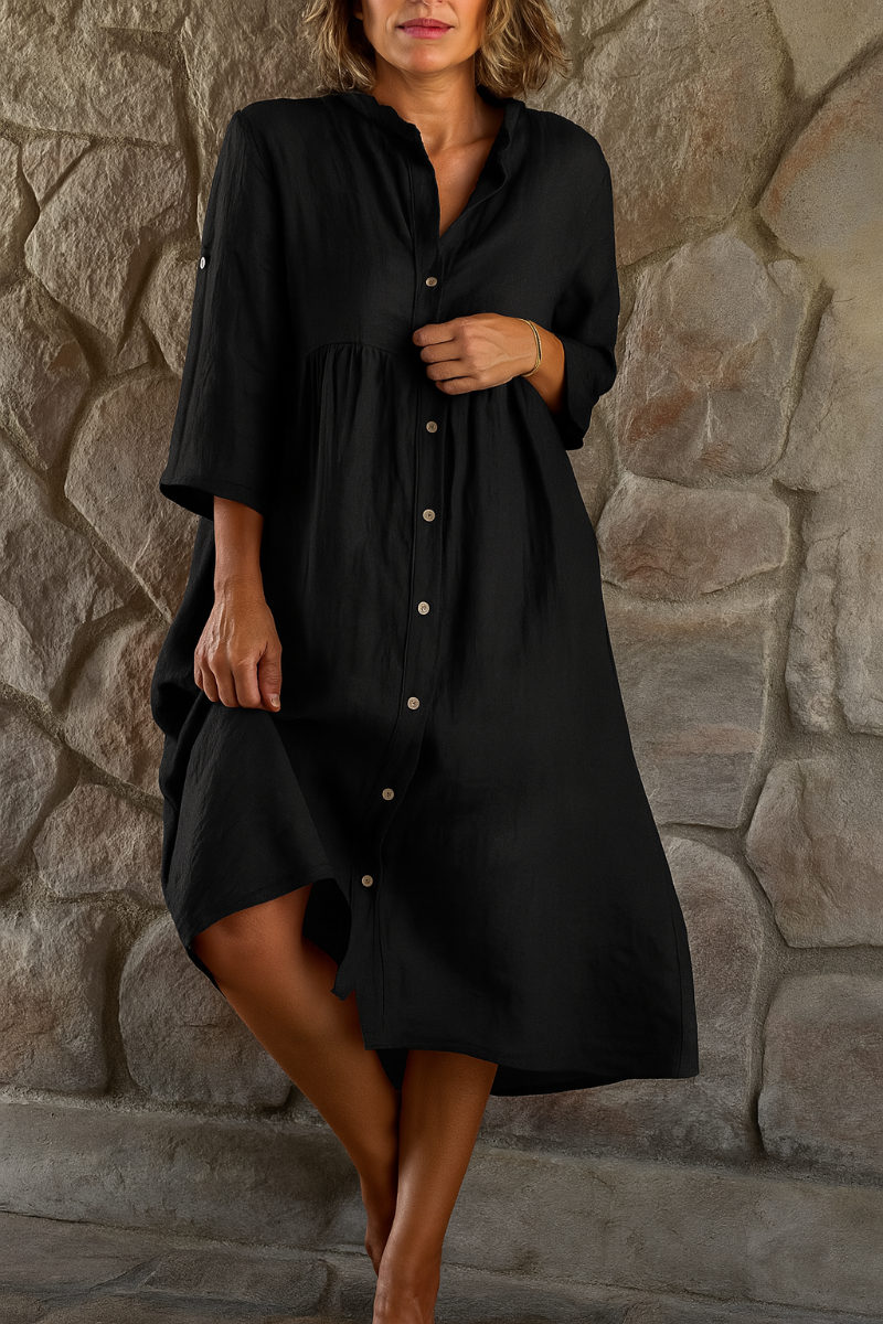 Momount Women Cotton Linen Shirt Dress – V Neck 3/4 Sleeve Relaxed