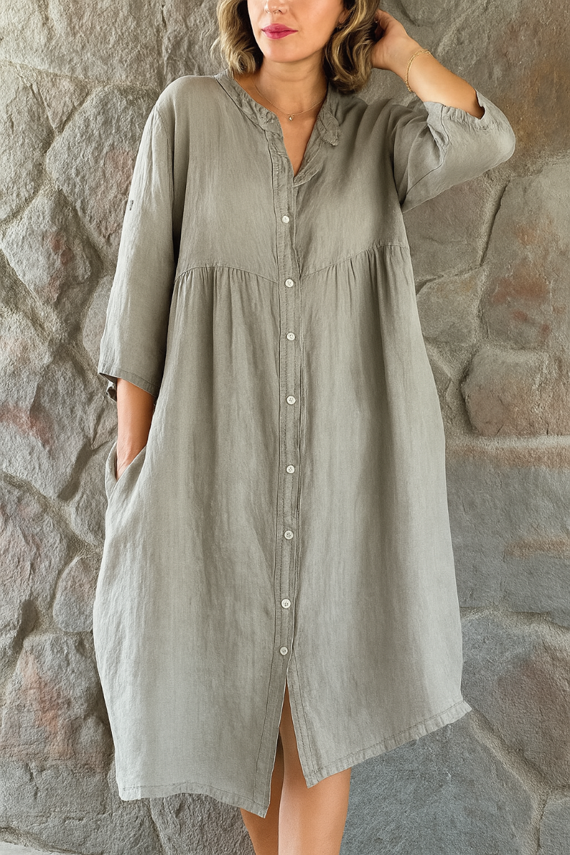 Momount Women Cotton Linen Shirt Dress – V Neck 3/4 Sleeve Relaxed