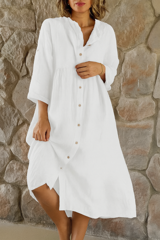 Momount Women Cotton Linen Shirt Dress – V Neck 3/4 Sleeve Relaxed