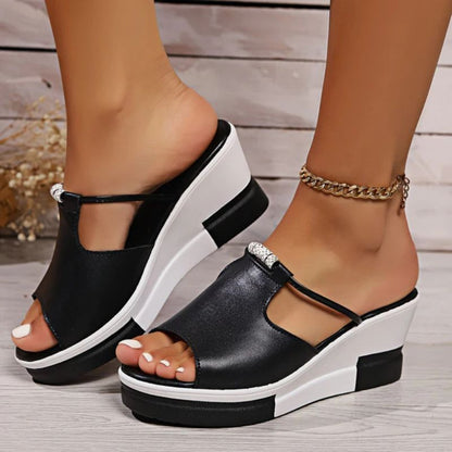 Momount Women Wedge Sandals – Leather T-Bar Cutout Peep-Toe Platform Slide
