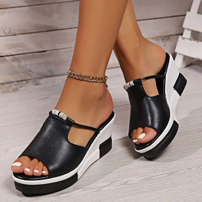 Momount Women Wedge Sandals – Leather T-Bar Cutout Peep-Toe Platform Slide