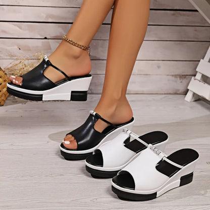 Momount Women Wedge Sandals – Leather T-Bar Cutout Peep-Toe Platform Slide