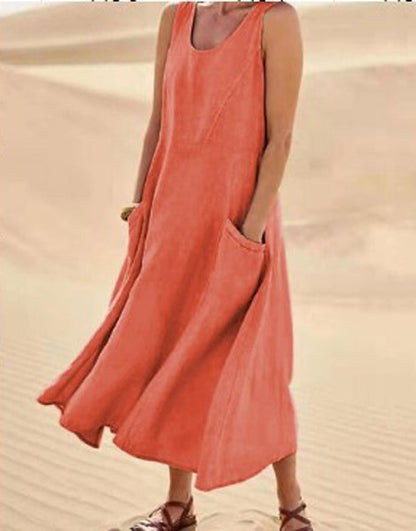 Melisande | Linen Scoop Neck Maxi Dress
