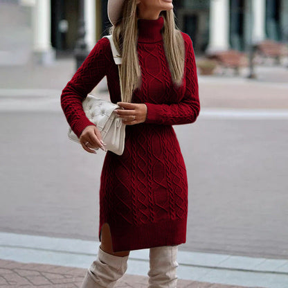 Thessalina | Cozy Cable Knit Turtleneck Midi Dress | Momount