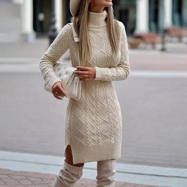 Thessalina | Cozy Cable Knit Turtleneck Midi Dress | Momount
