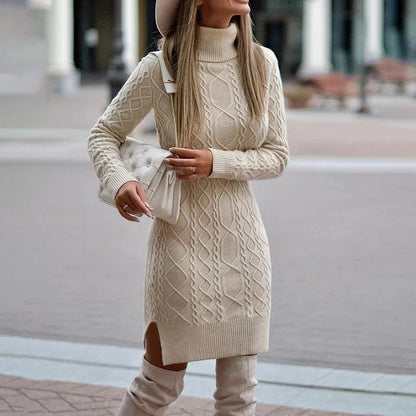Thessalina | Cozy Cable Knit Turtleneck Midi Dress | Momount