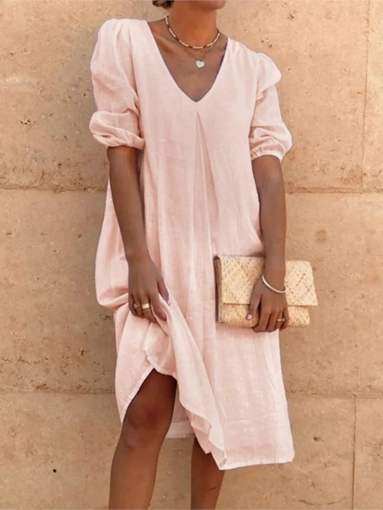 Casimira | Boho Cotton V Neck Tiered Summer Midi Dress