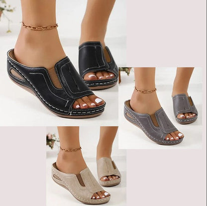 Momount Women Orthopedic Sandals – Leather Open-Toe Low Wedge Walking