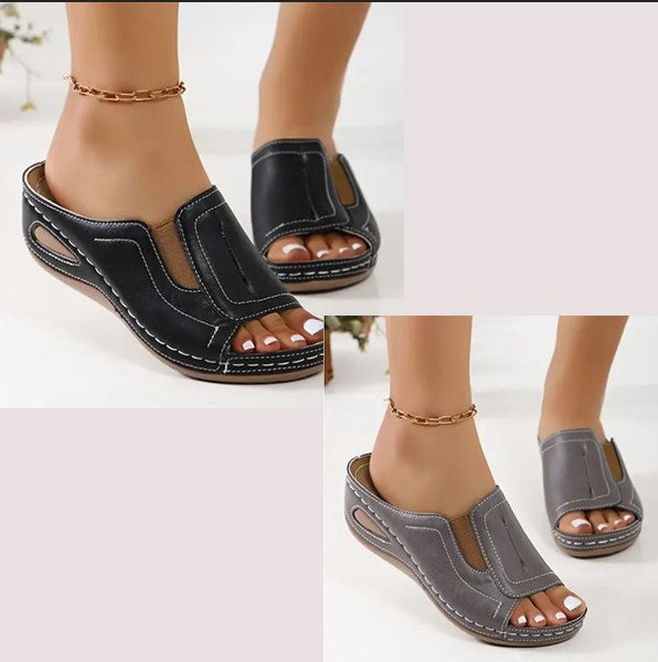 Momount Women Orthopedic Sandals – Leather Open-Toe Low Wedge Walking