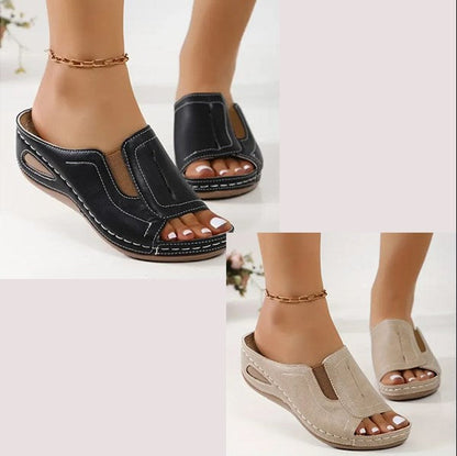 Momount Women Orthopedic Sandals – Leather Open-Toe Low Wedge Walking